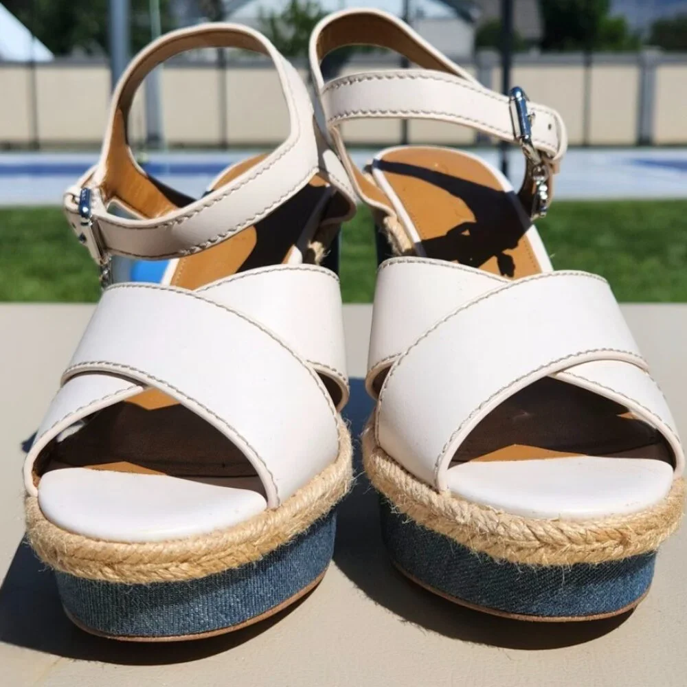 Coach Eaton Chalk Platform Wedge Sandals ivory & denim Size 7B